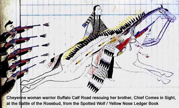 Pictograph by Cheyenne woman warrior Buffalo Calf Road Woman at the Battle of the Rosebud from Spotted Wolf / Yellow Nose Ledger book