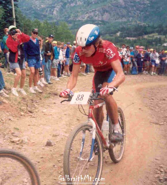 Future mountain bike great Thomas Frischnecht en route to a second place Cross Country finish in at the First Mt. Bike World Championship in Durango, Co, September 1990.