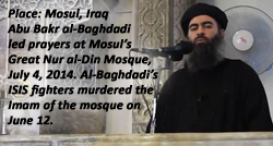 ISIS leader al-Baghdadi preaches a sermon in the Grand Mosque in Mosul, Iraq, where his ISIS fighters murdered the Imam three weeks before