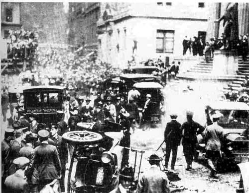 The scene outside the House of Morgan in New York moments after a bomb exploded in September 1920