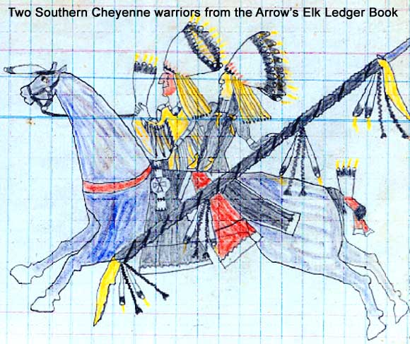Detail of two Southern Cheyenne warriors from the Arrow's Elk Ledger Book