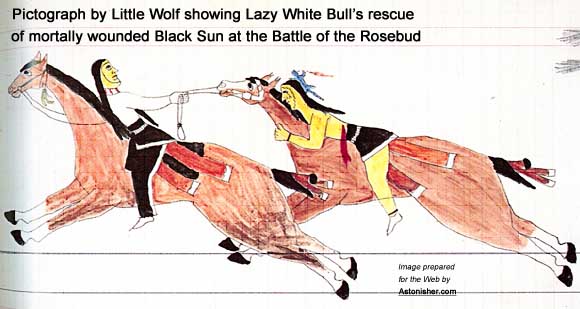 Pictograph by Cheyenne war chief Little Wolf showing Minneconjou Sioux warrior Lazy White Bull's rescue of mortally wounded Black Sun, the only Cheyenne killed at the Battle of the Rosebud